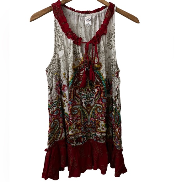 Bila Tank Top Woman's Medium Ivory Red Peasant Ruffle Bohemian Rayon - Picture 2 of 4